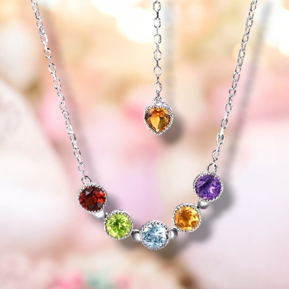 New Handmade Sterling Silver Rainbow Gemstone Necklace, Birthstone Jewelry